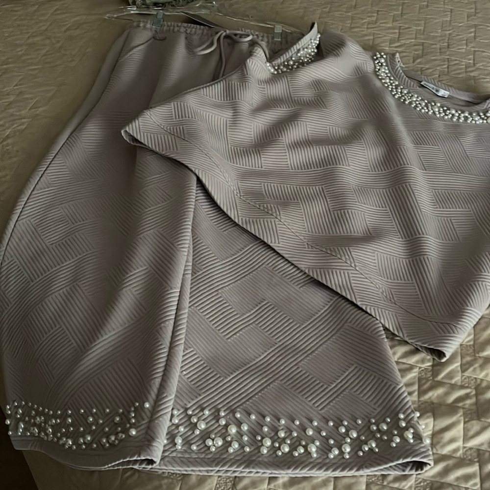 Two piece dressy outfit- taupe with pearl trim